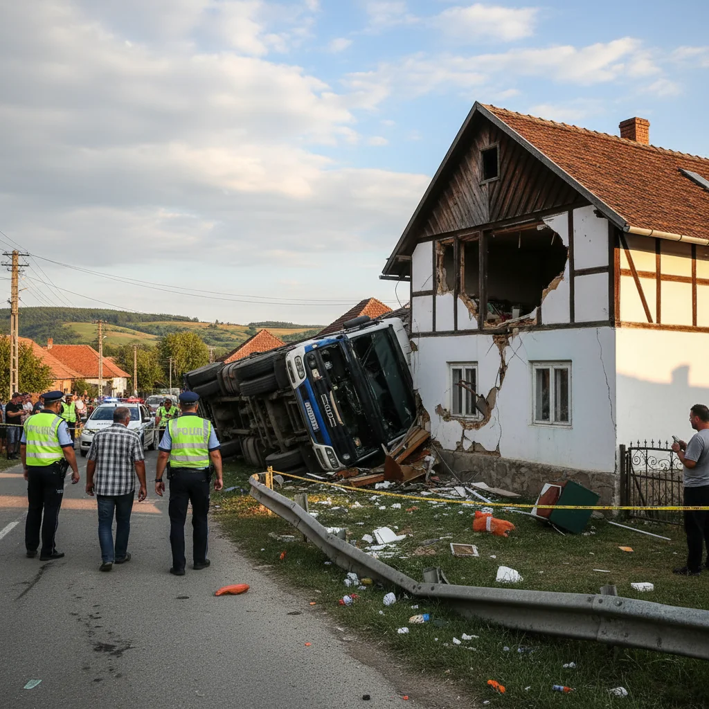 Camion scăpat de sub control lovește o casă în județul Buzău. Șoferul era băut