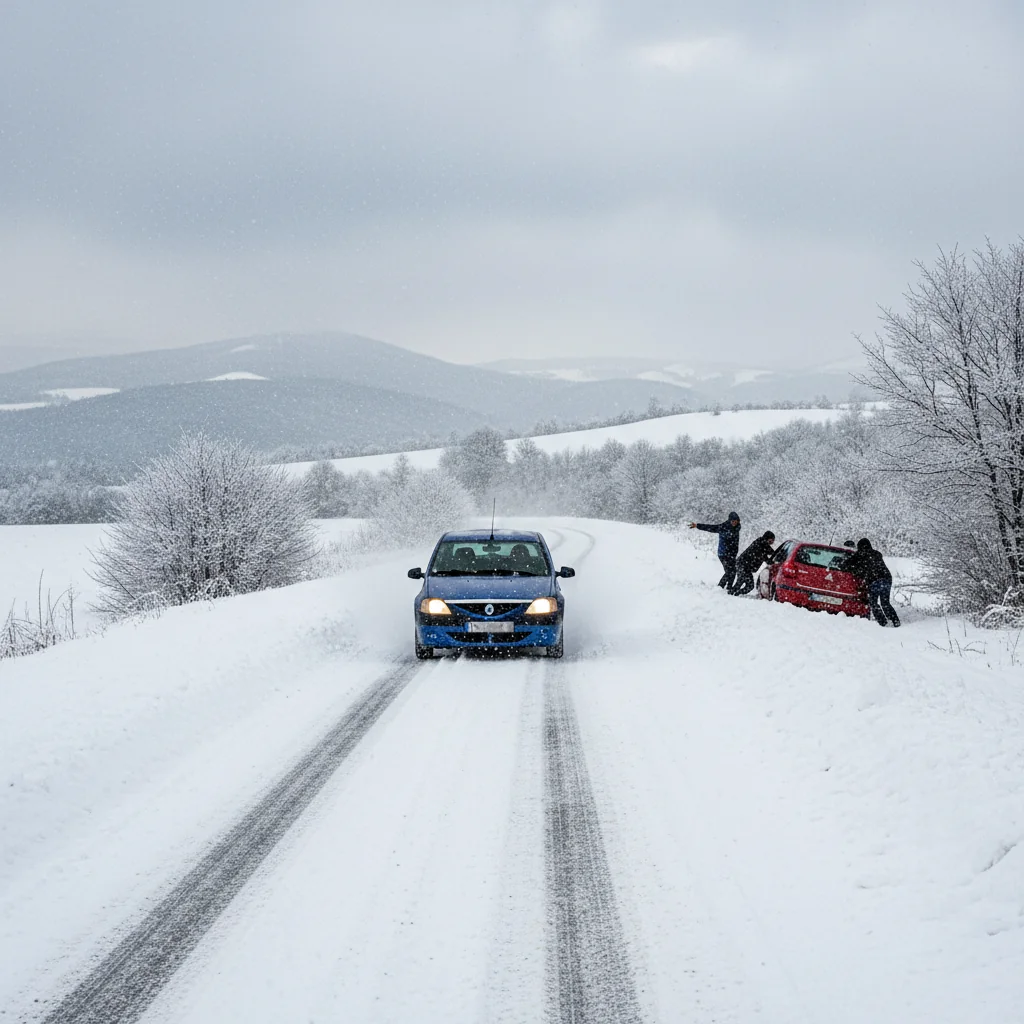 Ninsori de iarnă la Buzău: trafic deschis, dar carosabil parțial acoperit cu zăpadă