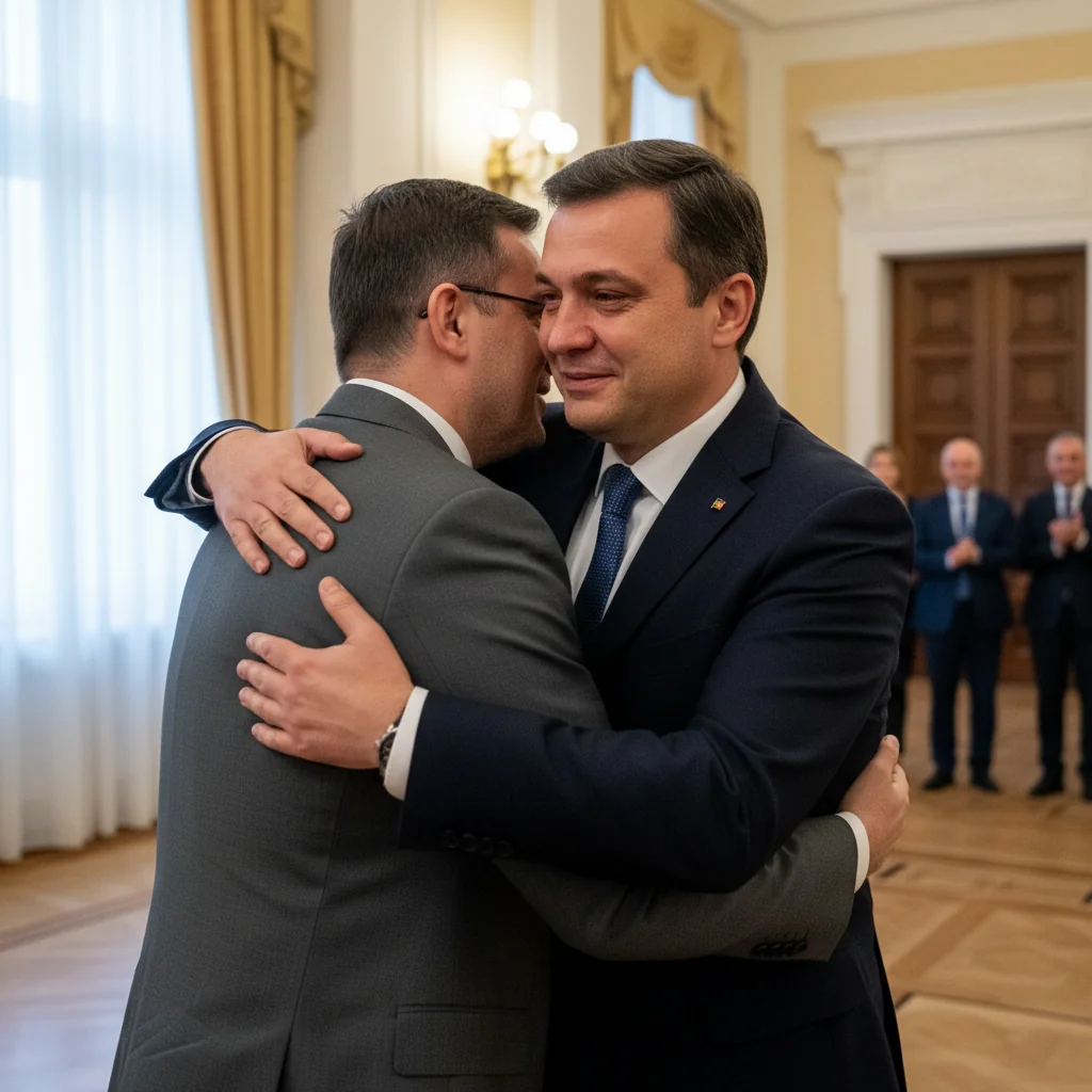 o îmbrățișare și lacrimi la momentul împăcării